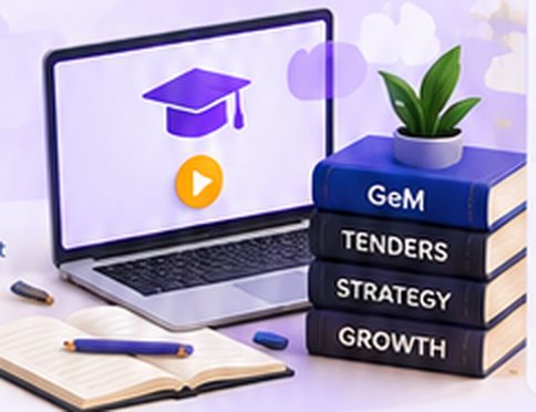 Laptop with graduation cap beside books labelled GeM, Tenders, Strategy and Growth