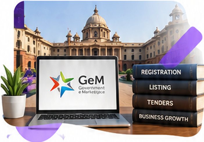 Laptop showing the GeM portal beside books labelled Registration, Listing, Tenders and Business Growth